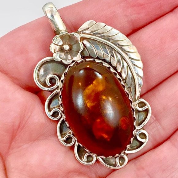 Jewelry - Amber Pendant, Sterling Silver, Native American, Navajo, Vintage, Feather